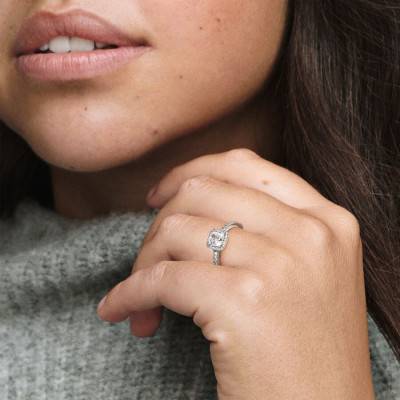 925 Silver White Stone Sparkling Cushion Halo Ring - Pandora
