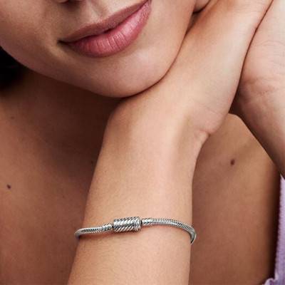 925 Silver Snake Chain Bracelet with Magnetic Clasp, Length 17 cm to 21 cm - Pandora