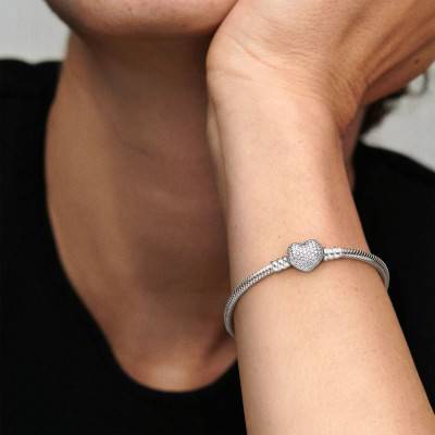 925 Silver Snake Chain Heart Clasp Bracelet, Length 17 cm to 19 cm - Pandora
