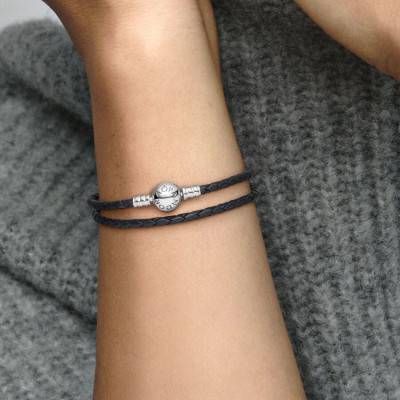 Double Bracelet en Cuir Noir & Argent 925, Longueurs 35 à 41 cm - Pandora