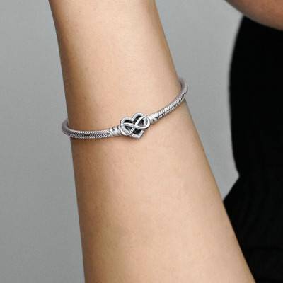 Pandora Moments 925/1000 Silver Serpentine Chain Bracelet with Infinity Heart Clasp, 17 cm to 19 cm - Pandora