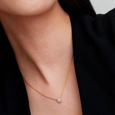 585/1000 Gold Round Pavé Halo Necklace, Adjustable Length 45 cm - Pandora