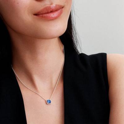 Collier à Pendentif Halo Bleu Carré Scintillant en Argent 925, Longueur 45 cm - Pandora