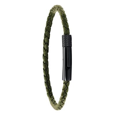 Green Braided Leather & Black Steel Driver Bracelet, Length 20.50 cm - HB1431345 - Rochet