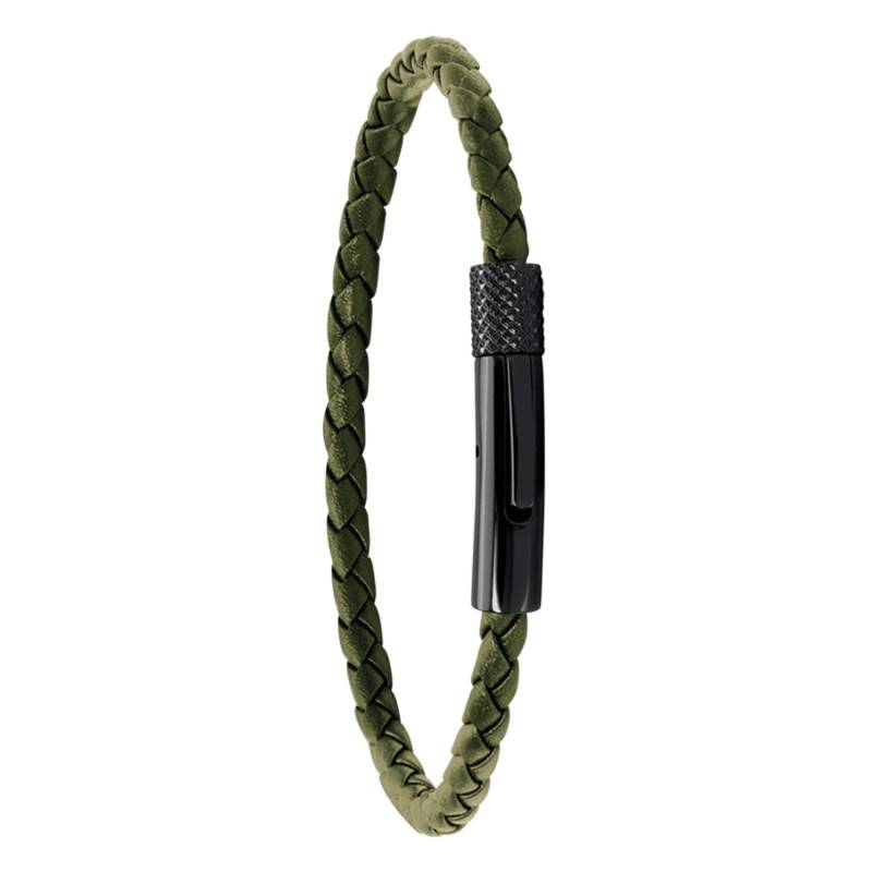 Green Braided Leather & Black Steel Driver Bracelet, Length 20.50 cm - HB1431345 - Rochet