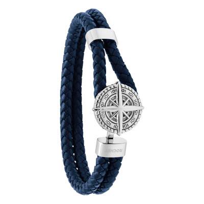 Blue Braided Leather and Steel Cap Horn Bracelet, 21 cm - HB0806 - Rochet