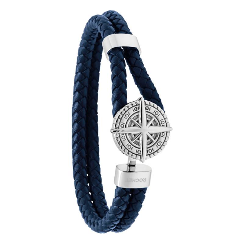 Blue Braided Leather and Steel Cap Horn Bracelet, 21 cm - HB0806 - Rochet