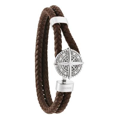 Brown Braided Leather & Steel Cap Horn Bracelet, Length 21 cm - HB0803 - Rochet