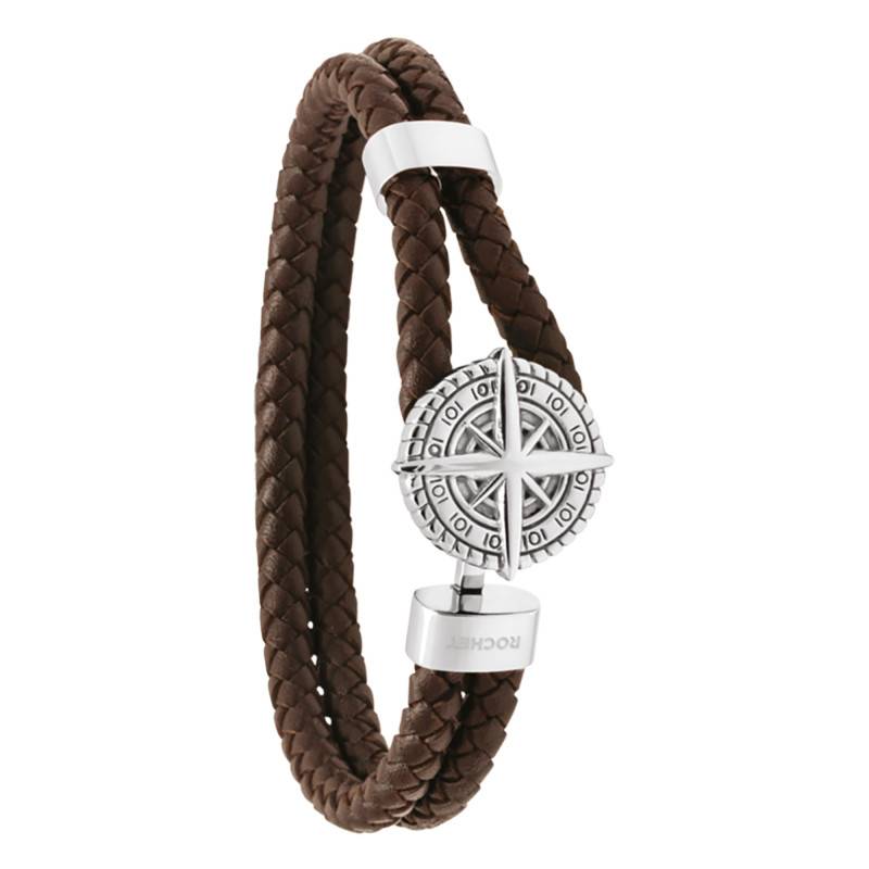 Brown Braided Leather & Steel Cap Horn Bracelet, Length 21 cm - HB0803 - Rochet