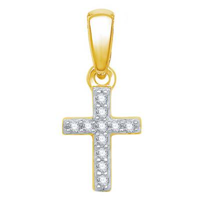 Yellow Gold Diamond Cross Pendant - 11 Diamonds, 0.04 ct, 375/750, 6 x 13 mm - Emanessence