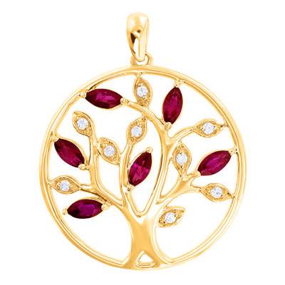 Yellow 375 or 750 Gold Diamond & Ruby Tree Pendant, 20 mm Diameter - Aurora