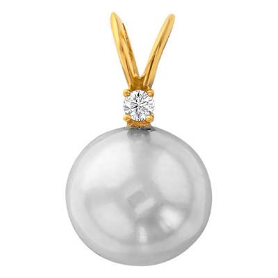 750 Yellow Gold & Round Cultured Pearl 8/9 mm and Diamond Pendant - Négoce-îles