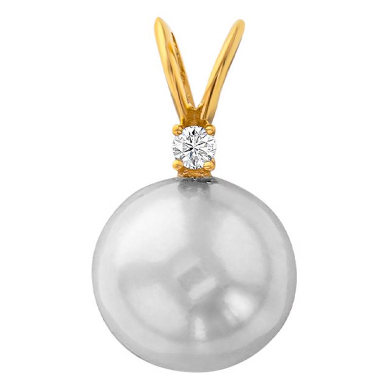 750 Yellow Gold & Round Cultured Pearl 8/9 mm and Diamond Pendant - Négoce-îles