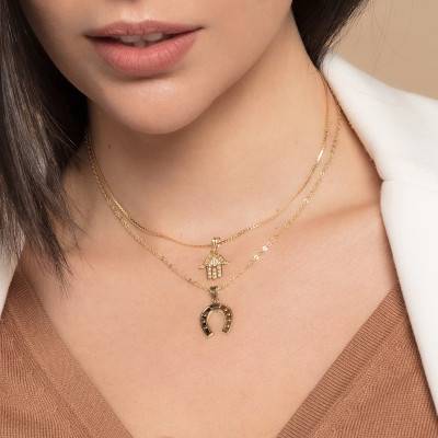 750/1000 Yellow Gold & Cubic Zirconia Hamsa Hand Pendant - Lumiosa