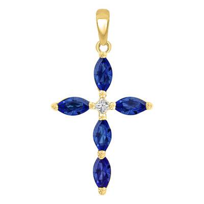 375/1000 or 750/1000 Yellow Gold Cross with 0.05 ct Diamond & 0.55 ct Oval Sapphires - Orphée