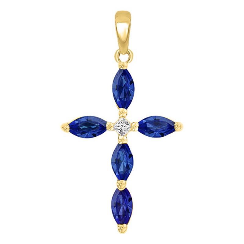 375/1000 or 750/1000 Yellow Gold Cross with 0.05 ct Diamond & 0.55 ct Oval Sapphires - Orphée