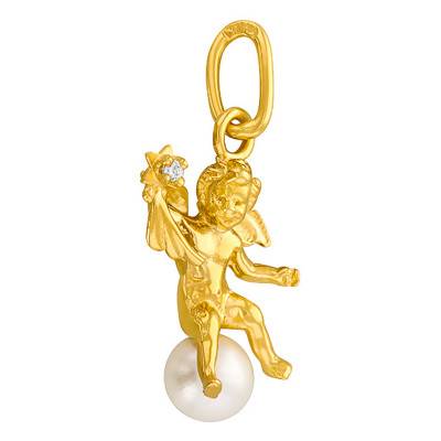 Yellow Gold Angel, Cubic Zirconia & Pearl Pendant - Vandona