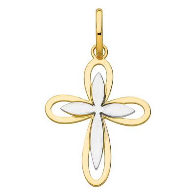 Two-Tone 750/1000 Gold Open-Work Double Floral Cross Pendant - Vandona