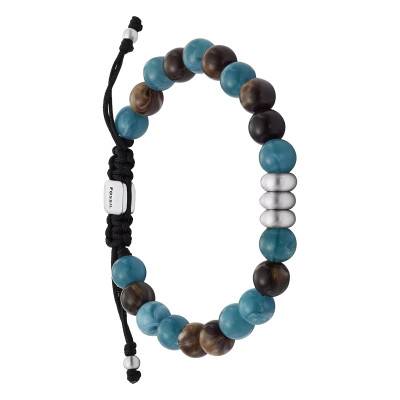 Bracelet All Stacked Up en Cordon Noir & Perles Bleues et Marron, Longueur 25,50 cm - Fossil