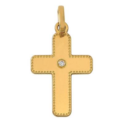 Pendentif croix Or Jaune 750 perlée et diamantée 0.01 ct - Vandona