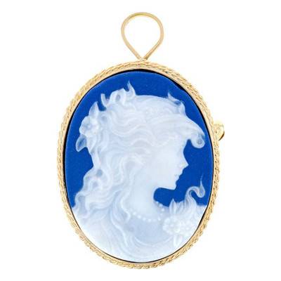Pendentif Broche Camée Porcelaine Bleue Héroïne Or Jaune 750 - Emanessence