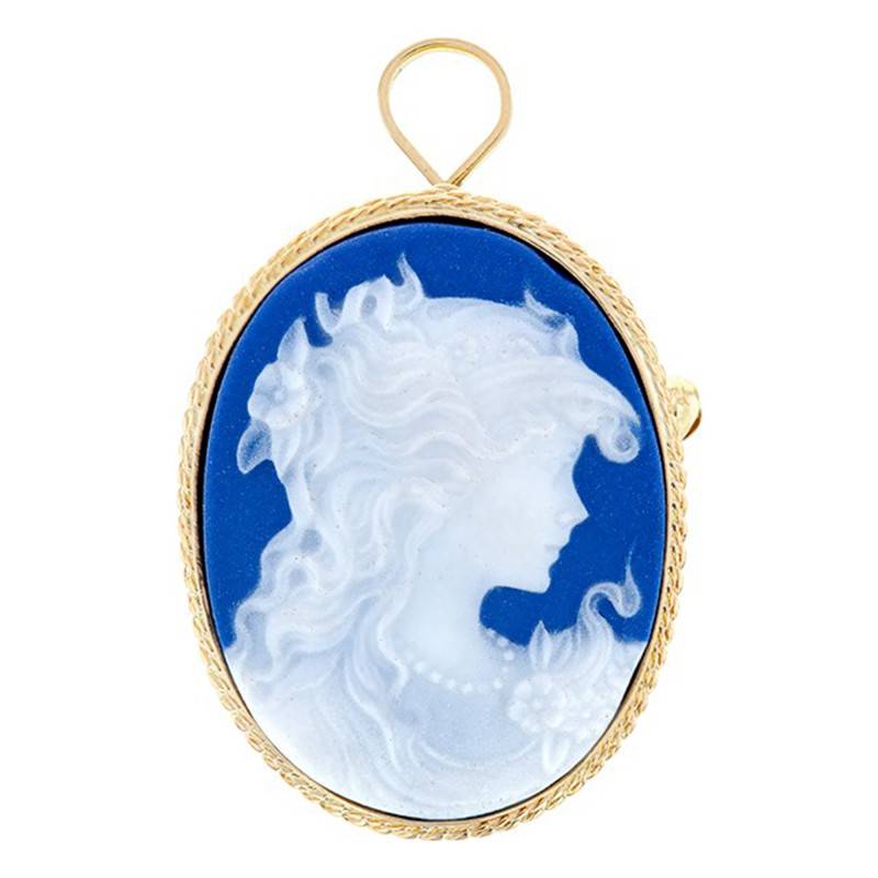 Blue Porcelain Héroïne Cameo Brooch Pendant in 750 Yellow Gold - Emanessence