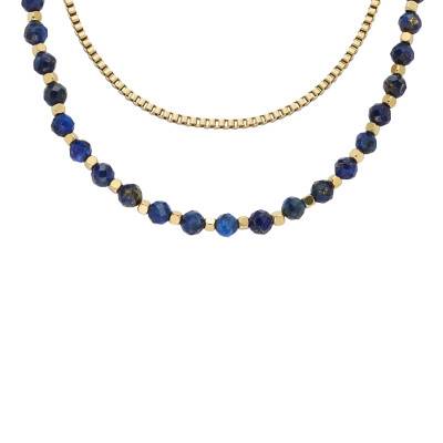 All Stacked Up Gold Stainless Steel & Lapis-Lazuli Necklace, Length 41 cm to 46 cm, Width 4 mm - Fossil