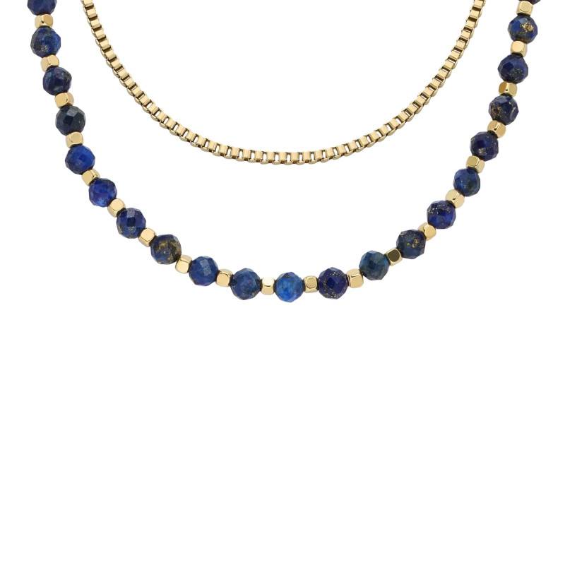 All Stacked Up Gold Stainless Steel & Lapis-Lazuli Necklace, Length 41 cm to 46 cm, Width 4 mm - Fossil