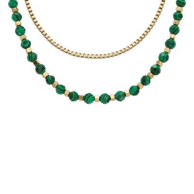 All Stacked Up Gold Stainless Steel & Green Stone Necklace, Length 41 cm to 46 cm, Width 4 mm - Fossil