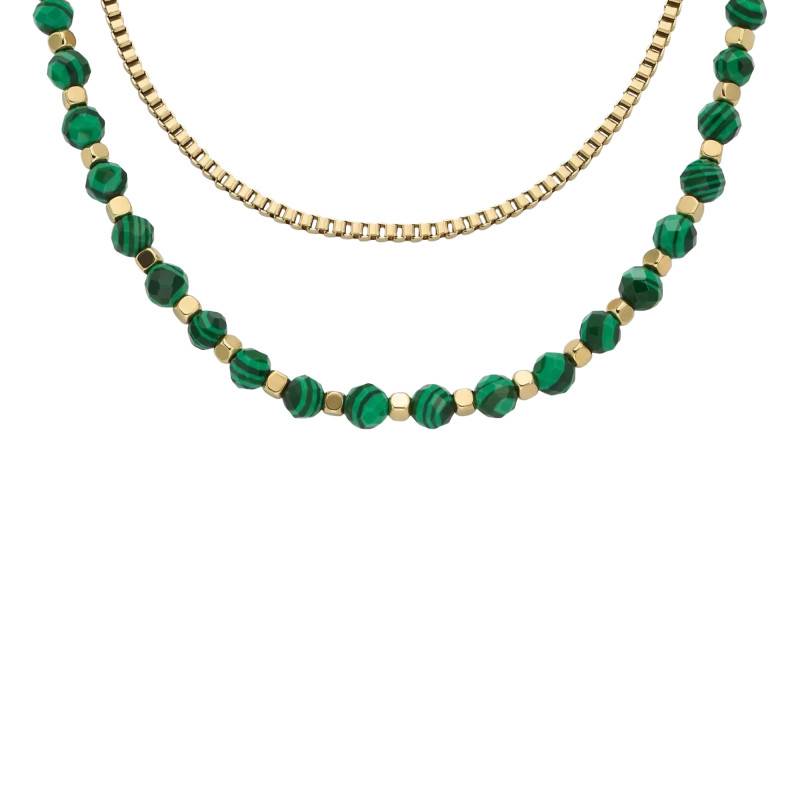 All Stacked Up Gold Stainless Steel & Green Stone Necklace, Length 41 cm to 46 cm, Width 4 mm - Fossil