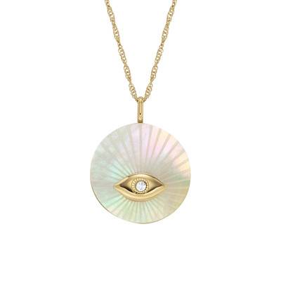 Collier Sutton Evil Eye en Acier Doré, Nacre & Cristal Blancs, Longueur 41 à 46 cm - Fossil