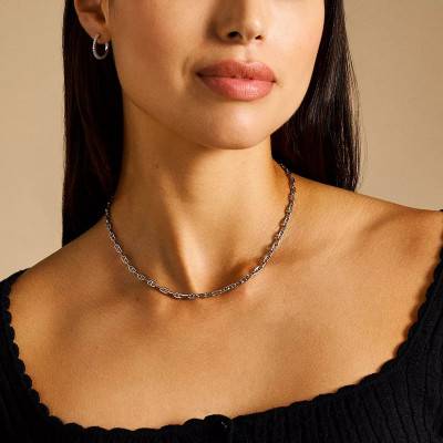 Heritage D-Link Silver Chain Necklace, Length 41 cm to 46 cm, Width 3.80 mm - Fossil