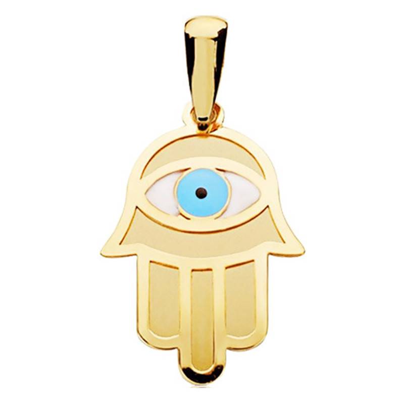 750/1000 Yellow Gold Blue Evil Eye Hamsa Hand Pendant - Lumiosa