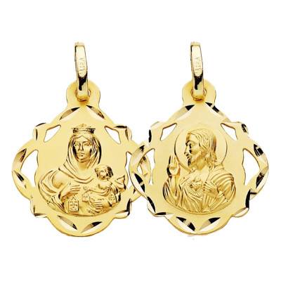 750/1000 Yellow Gold Our Lady of Mount Carmel and Sacred Heart of Jesus Scapular Medal, 16mm to 24mm Diameter - Lumiosa