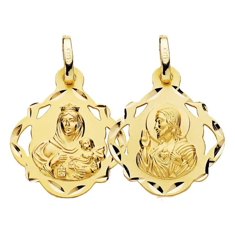 750/1000 Yellow Gold Our Lady of Mount Carmel and Sacred Heart of Jesus Scapular Medal, 16mm to 24mm Diameter - Lumiosa