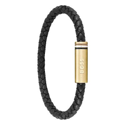 Ares Single Black Braided Leather and Gold-Tone Steel Bracelet, Length 19 cm to 20 cm - 1580624 - Boss