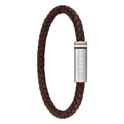 Brown Braided Leather & Steel Ares Single Bracelet, Length 19 cm to 20 cm - 1580623 - Boss
