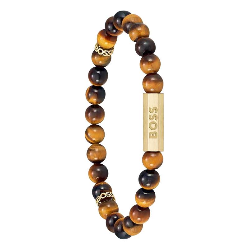 Gold-Tone Steel & Tiger Eye Pearl Sphere Stones Bracelet, Length 19 cm - 1580661M - Boss