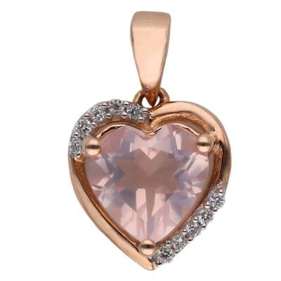 Pendentif Coeur en Or Rose 375, Quartz Rose & Diamants 0,03 ct - Aurora