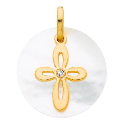 Pendentif nacre ronde, croix découpée Or Jaune 750 et diamant - Vandona