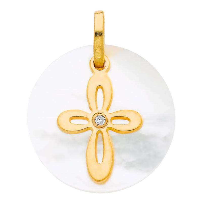750 Yellow Gold, Mother-of-Pearl & Diamond Round Cutout Cross Pendant - Vandona
