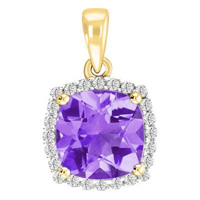 Yellow Gold 375 or 750 Square Pendant with Amethyst & Diamonds - Aurora