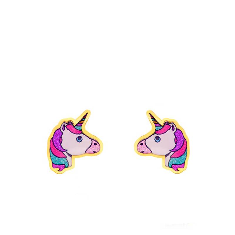 Colorful Unicorn 375 Yellow Gold Stud Earrings - Bambins