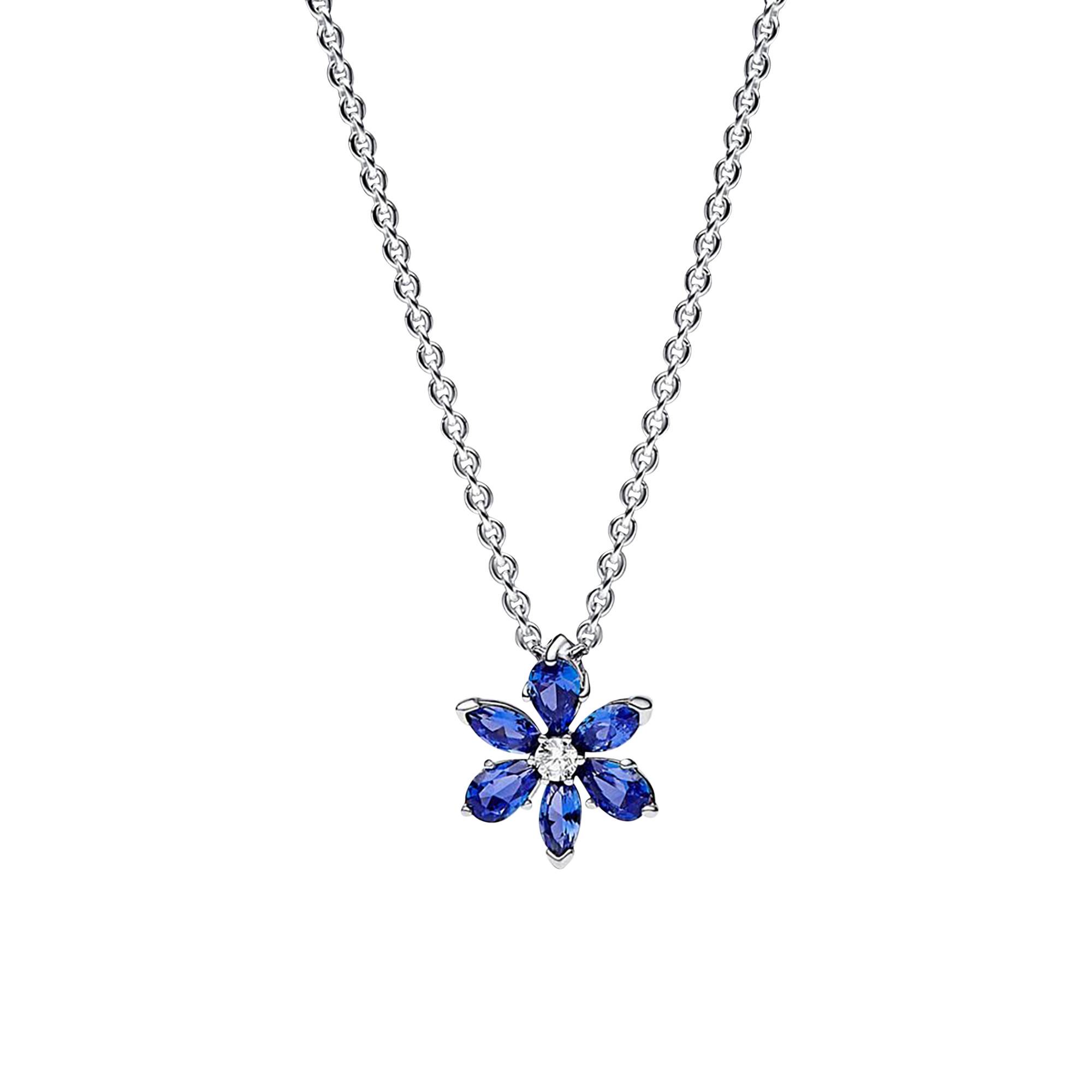 Collier Argent 925 Fleur émaillée Bleu/blanc – Style Filigrane – Neuf Avec étiquettes