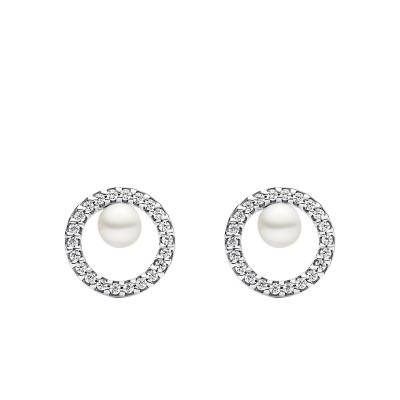 Boucles d'Oreilles Perle de Culture d'Eau Douce Traitée & Halo Pavé - Pandora