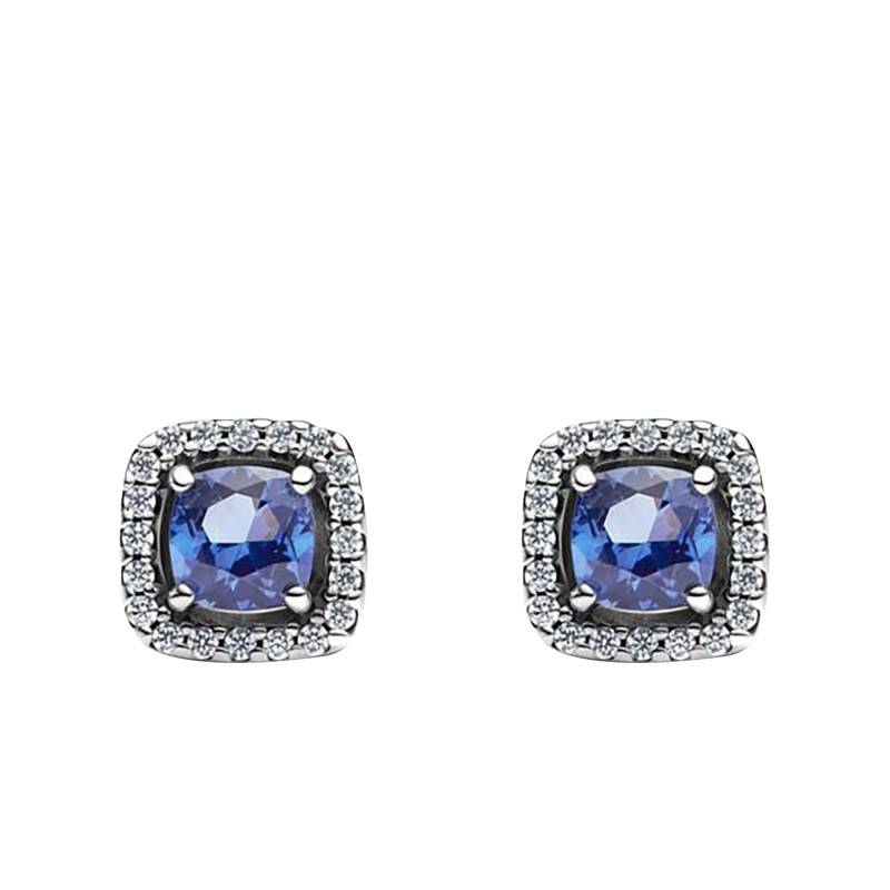 925 Silver Sparkling Square Blue Halo Stud Earrings - Pandora