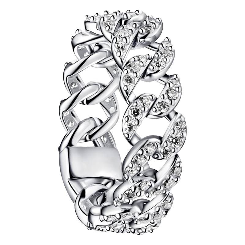 925 Silver & White Stones Cuban Link Ring - Pandora