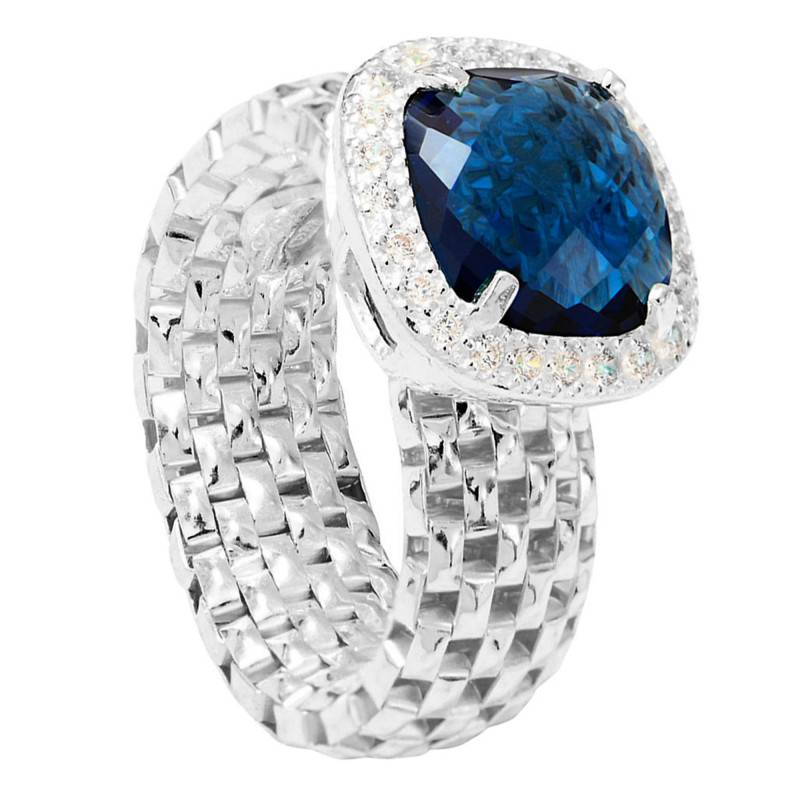925 Silver Square Ring with Blue and White Stones - Clio Blue