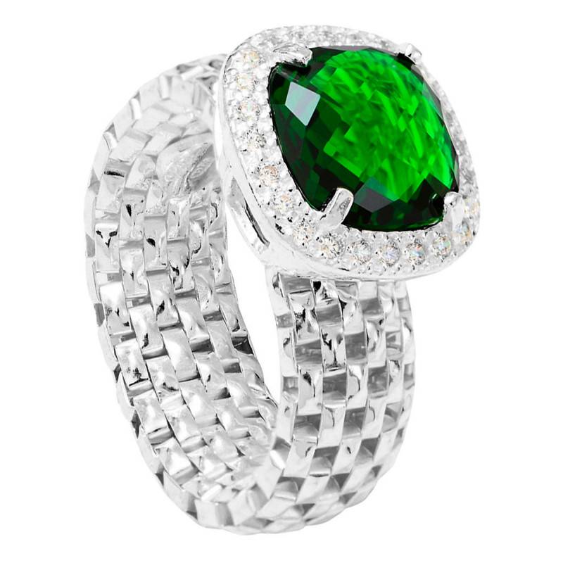 925 Silver Square Ring with White and Green Stones - Clio Blue