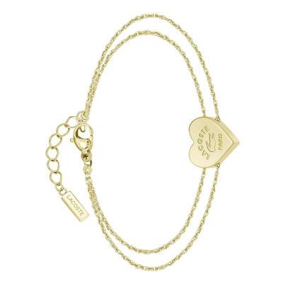 Bracelet Love My Croc Coeur Double Chaîne en Acier Doré - 2040400, Longueur 16,50 cm Ajustable - Lacoste